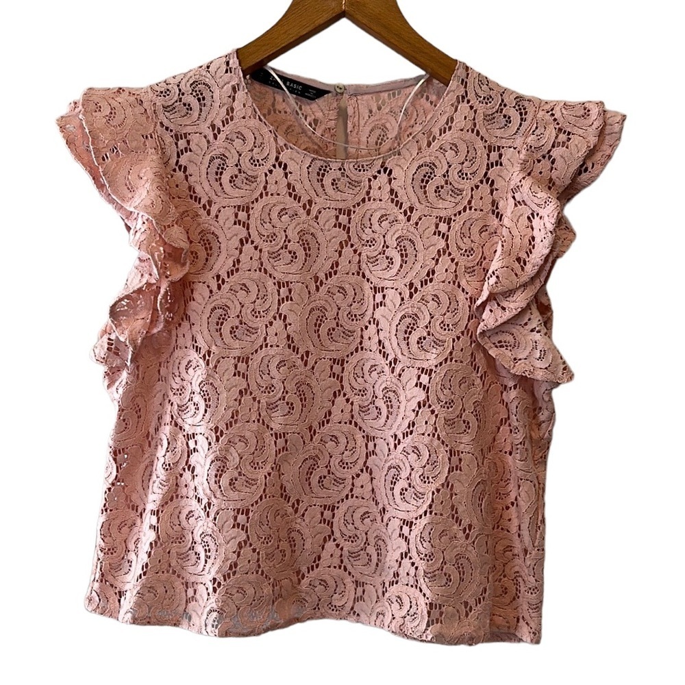 Zara Pink Lace Blouse with Ruffle Layer Cap Sleeves—Size Medium